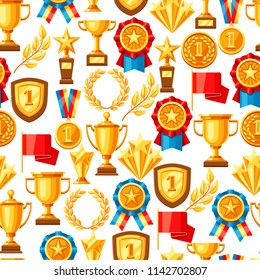 Awards and trophy seamless pattern. Reward items for sports or corporate competitions.