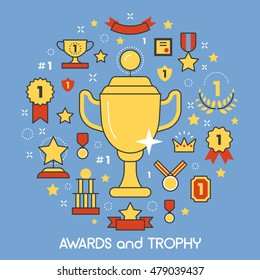 Awards and Trophy Thin Line Art Vector Icons with Cup Medal Prize. Winner Champion Concept