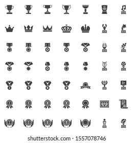 Awards trophy vector icons set, modern solid symbol collection filled style pictogram pack. Signs logo illustration. Set includes icons as award cup, crown reward, star medal ribbon, first place medal