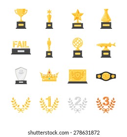 Awards and Trophy vector illustration icon set. Included the icons as winner, reward, certificate, plate, prize, honor and more.
