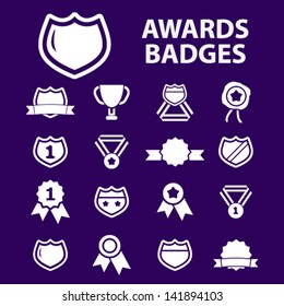 awards trophy, winning, victory, game, labels, badges, icons, signs set, vector