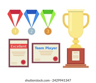 Awards vector illustration set. Collection of sport medals, certificates of achievements and champion cup on podium. Prize, trophy, appreciation concept