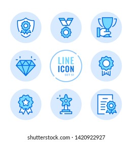 Awards vector line icons set. Reward, trophy, medal of honor, first place, achievement outline symbols. Thin line design. Modern simple stroke graphic elements. Round icons