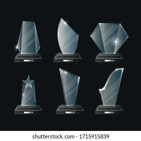 Premios vectoriales ilustraciones realistas sobre fondo transparente. Éxito, logro, campeonato, victoria en la competencia. Paquete de recompensas 3D para deportes y cine. Colección de trofeos de cristal aislada