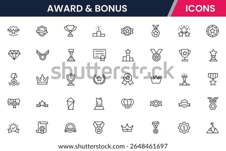 Awards vector web line icon collection, sleek illustrations of trophies, medals, and recognition symbols for celebratory and achievement designs.