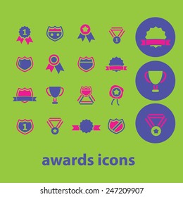 awards, victory, winner, emblem, medal, trophy icons, signs, illustrations set, vector