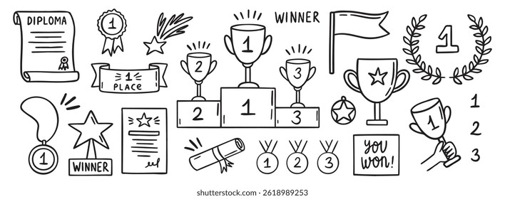 awards winner doodle hand drawn icon set. Outline drawing prizes and success items line clipart symbol collection. winner cups and medals. Vector illustration