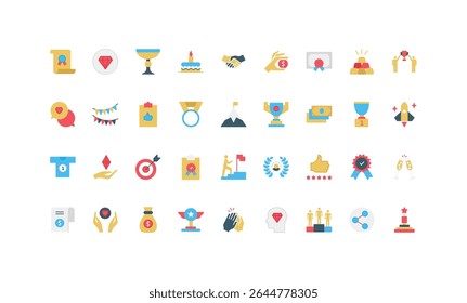 Awards of winner and leader, acknowledgment of success goal achievement color icon set. Prizes wreath and medal, diamond for champion and team, first rank quality certificate flat vector illustration