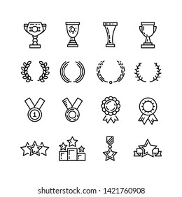 Awards Winner line art icons set vector of medal, Victory cup and Laurel wreath signs. Reward. Glory shield, Prize and Rank star. Business winner awards.