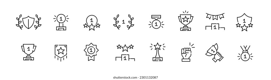 Awards, winner podium, winner medal and laurel bush. Success or competition symbols. Pixel perfect, editable stroke icons set