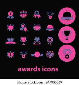 awards, winner, trophy icons, signs, illustrations set, vector