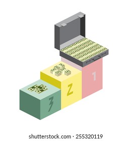 Awards. The winning   for the ceremony. A suitcase of money, wads of dollars and coins. Isometric style