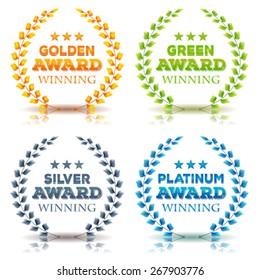 Awards Winning And Laurel Leaves Set/
Illustration of a set of elegant awards winning laurel wreath and crowns, in golden, green leaves, silver and platinum diamond on white background