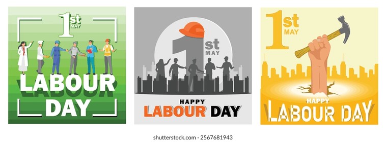 Awards for workers from various professions. Celebration of International Labor Day. Hand holding a hammer. Labor Day concept. Set flat vector illustration.