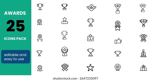 Awards_iconsPrêmios e bônus conjunto de ícones editáveis. Ilustração vetorial no estilo moderno de linha fina de ícones, tais como: Copos, Prêmios, Medalhas, Diplomas, Campeão, Número Um, Estrelas, Vencedor, Fita. Isolar