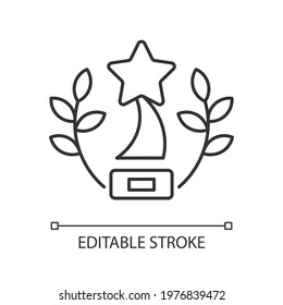 Award-winning content linear icon. Award-winning movies on video streaming platform. Thin line customizable illustration. Contour symbol. Vector isolated outline drawing. Editable stroke
