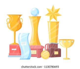 Award-winning gold and glass cup and trophy prize with engraving and decoration variegation for contest and competition vector illustration set.
