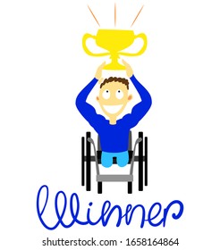 Award-winning para-athlete painted in a flat style. A man without legs with a physique. Puffed up happy man with disabilities. Lettering of the word "Winner". Para-athlete holds the cup in his hands.