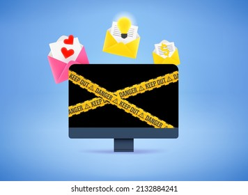 Aware of internet fraud. Email fishing concept. Modern computer monitor with ribbons on the screen. 3d vector illustration 