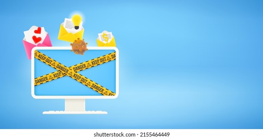Aware of internet fraud. Email fishing concept. Modern computer monitor with ribbons on the screen. 3d vector banner with copy space