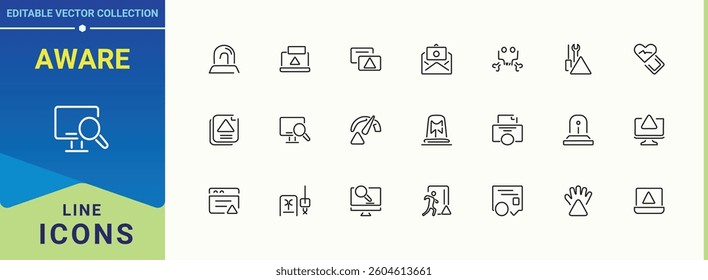 Aware linear icon. It contains symbols to warn, siren, alarm, caution, notification, alert and more. Warning line icon set. Minimal thin line web icons set. Editable vector stroke.