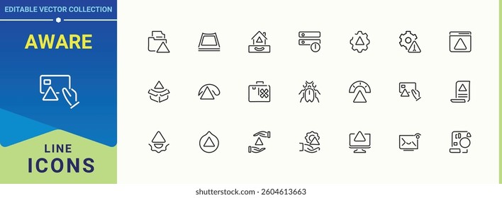 Aware linear icon. It contains symbols to warn, siren, alarm, caution, notification, alert and more. Warning line icon set. Minimal thin line web icons set. Editable vector stroke.