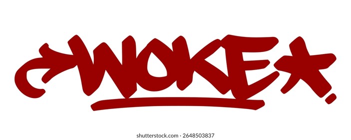 Grafite vermelho consciente tag "Woke" com linhas gotejamento poderoso e fundo transparente. Gíria para ser socialmente consciente ou alerta.
