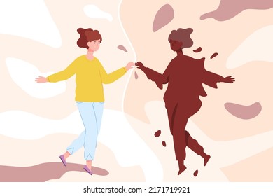 Aware self shadow. Woman know yourself hidden unconscious, meeting with discover conscious dark personality spiritual consciousness archetype psychology concept vector illustration