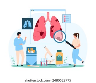 Awareness about dangers of smoking for lungs, information campaign. Tiny people examine smokers lung on infographic medical anatomy chart, check tobacco damage and disease cartoon vector illustration