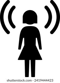 Awareness or Attention Information Symbol Sign Flat Black Icon with Woman or Girl Figure and Signals. Vector Image.