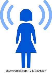 Awareness or Attention Information Symbol Sign Flat Blue Icon with Woman or Girl Figure and Signals. Vector Image.