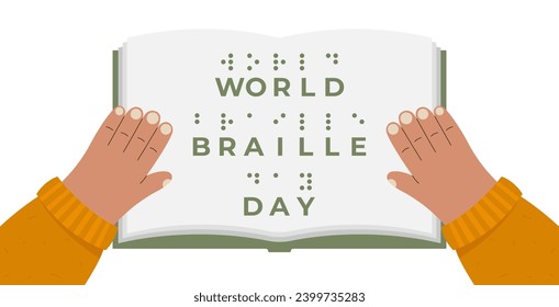 Pancarta de sensibilización sobre el Día Mundial de Braille con las manos humanas con boom