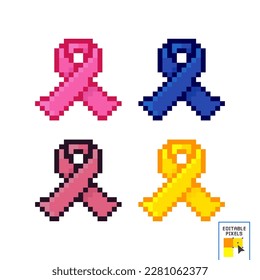 conciencia de la cinta rosa del cáncer de mama en el arte píxel concepto de trabajo voluntario, solidaridad de las mujeres y tratamiento de enfermedades graves. aislado en un entorno elegante. ilustración vectorial moderna de moda. 8 bits