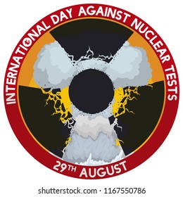 Awareness button with damaged radiation symbol over atomic mushroom cloud to commemorate the International Day Against Nuclear Tests in August 29.