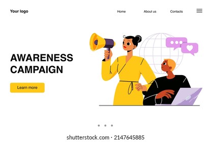 Awareness campaign landing page. Social marketing business concept with man and woman characters promoting online in networks using laptop and megaphone. Public affairs Line art flat vector web banner