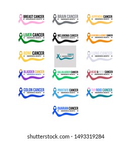 Awareness cancer ribbon logo icon set vector image design on white background. Awareness month cancer ribbon logo 
vector design