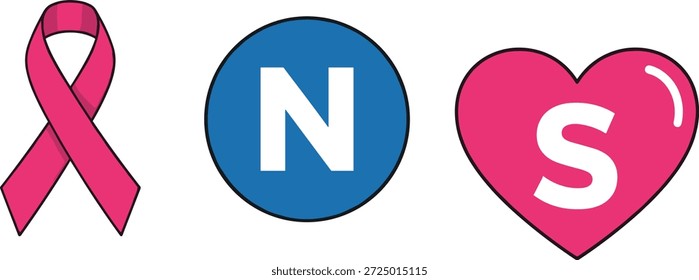 Ícone de conscientização e conexão com fita rosa, coração com S e símbolo N azul para suporte, cuidado, magnetismo e design de identidade