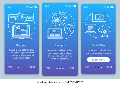 Awareness content blue gradient onboarding mobile app page screen vector template. Infographics, video walkthrough website steps with linear illustrations. UX, UI, GUI smartphone interface concept