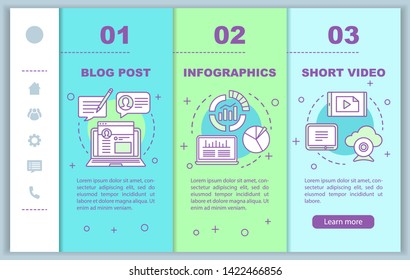 Awareness content onboarding mobile web pages vector template. Blog post, video. Responsive smartphone website interface idea with linear illustrations. Webpage walkthrough step screens. Color concept