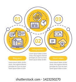 Plantilla infográfica vectorial de contenido de sensibilización. Elementos de diseño de presentación empresarial. Visualización de datos con tres pasos y opciones. Diagrama de la escala de tiempo del proceso. Diseño de flujo de trabajo con iconos lineales