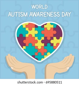 World Autism Awareness Day, 2 April. Puzzle or jigsaw pattern on heart with hands conceptual illustration vector.
