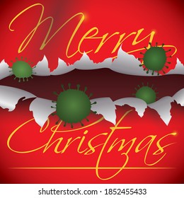 Awareness design with symbolic, red and ragged greeting card with COVID-19 representation coming out from it, promoting care during Christmas celebrations.
