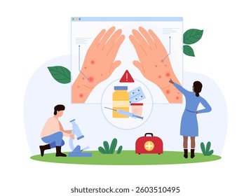 Awareness of drug allergy. Tiny people diagnose symptoms of dermatitis, irritation and itching on skin of sick patients hands due to medicines from pharmacy taking cartoon vector illustration