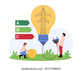 Awareness of electricity savings. Tiny people holding plug from light bulb with power tower inside to turn off consumption, ranking lamp by energy efficiency class cartoon vector illustration