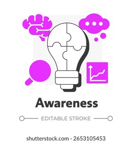 Awareness flat outline concept icon. Recognizing need for change. Information about organizational shifts. ADKAR model. Modern line illustration with pink glyphs. Conceptual visual. Easy to edit