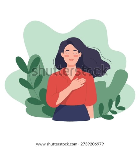 Awareness focused flat vector illustration of mental health concept featuring pretty young woman doing breathing exercise highlighting care mindfulness meditation isolated on white background