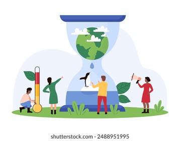 Awareness of global climate change danger. Tiny people with megaphone and thermometer warning about warming, globe melting and penguin on iceberg inside big hourglass cartoon vector illustration