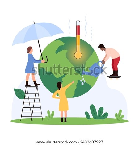 Awareness of global climate change, environmental pollution effect. Tiny people holding umbrella and watering can to protect green planet and ecology from warming weather cartoon vector illustration