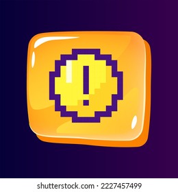 Awareness glossy ui button with pixelated color icon. Message about event. Exclamation mark. Editable 8bit graphic element on shiny glass rectangle shape. Isolated image for arcade, video game design