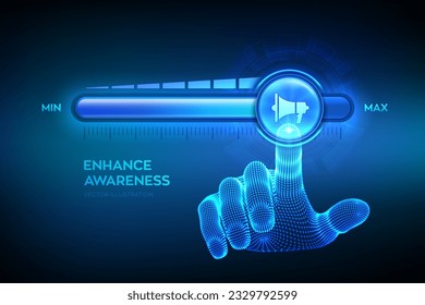 Awareness. Increasing awareness level. Wireframe hand is pulling up to the maximum position progress bar with the megaphone icon. Advertising, promotion, marketing concept. Vector illustration.